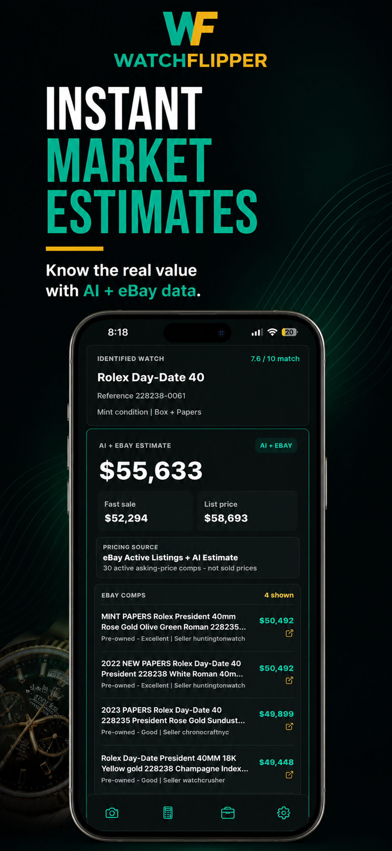 WatchFlipper market estimate screen