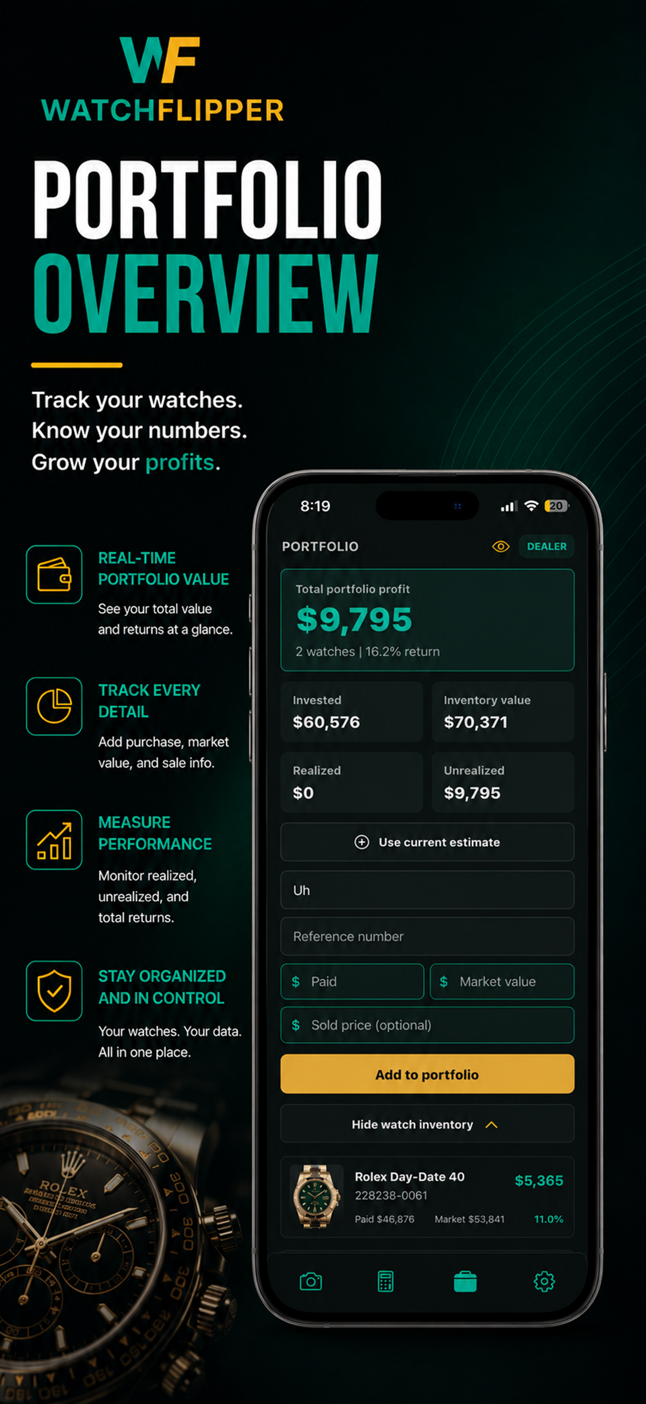 WatchFlipper portfolio overview screen